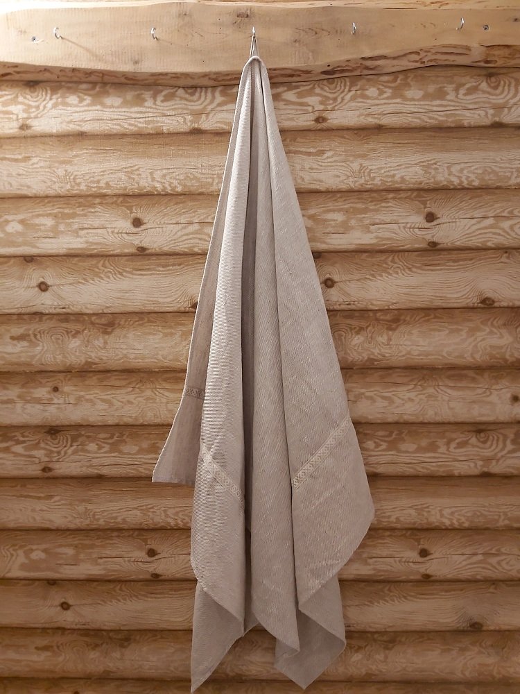 Linen Towel with Traditional Woven Ribbon (Light Grey-White) on Both Ends